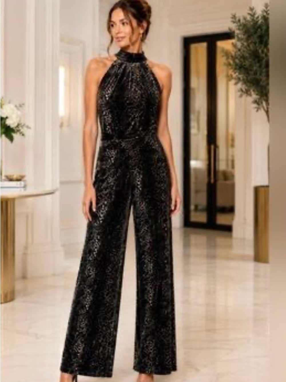 Catherine MaLandrino Black & Silver Velvet Snake Print Wide-Leg Pants Sz 6